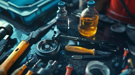 A photo of a car's brake fluid and service tools.