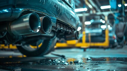 A photo of a car&rsquo;s exhaust system being repaired.