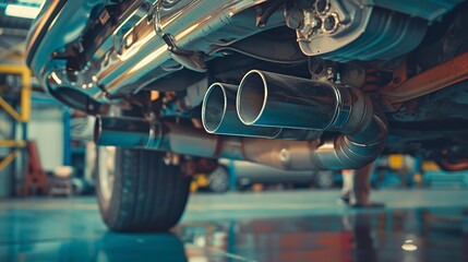 A photo of a car&rsquo;s exhaust system being repaired.