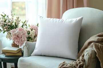 Blank White Pillow on Cozy Armchair Interior