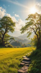 Serene Landscape with Sunlit Trees and Rolling Hills
