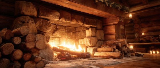 Cozy Winter Cabin with Glowing Fireplace and Burning Wooden Logs, Stone Walls for Rustic Retreat Ads

