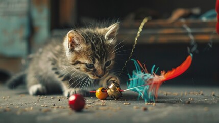 A photo of a cat toy with feathers and bells.