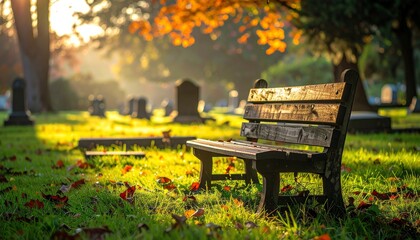 Wooden bench in peaceful cemetery surrounded by colorful flowers, gravestones, and sunlight filtering through green trees, evoking reflection and tranquility.