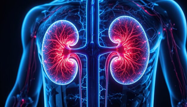 Stunning neon kidneys showcase healthy renal function for medical breakthroughs and educational resources, vibrant anatomy illustration for healthcare innovation