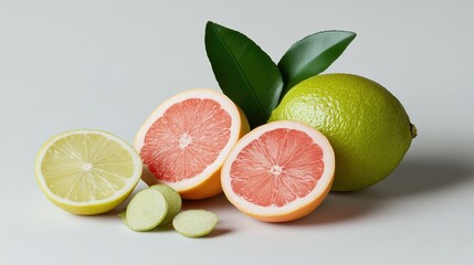 Fresh Citrus Fruits: Grapefruit, Lemon, Lime, and Leaves on a White Background, Healthy Eating, Vitamin C, Vibrant Colors, Still Life Photography