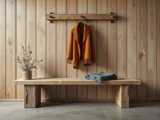 Cozy Wooden Entryway with Bench and Coat Rack
