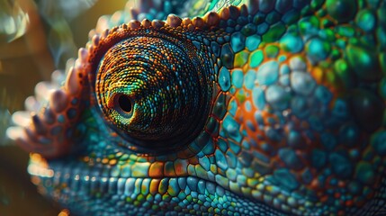 A photo of a chameleons eye and colorful skin.