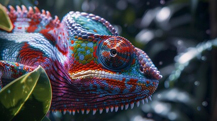 A photo of a chameleons eye and colorful skin.