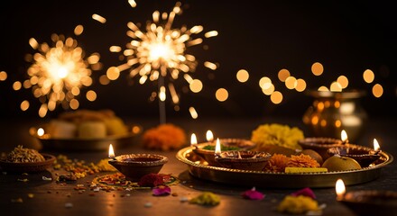 Close-up of decorated Diwali puja thali with brass diya, marigold flowers, kumkum powder, hand holding lit sparkler creating golden light trails above thali, dark background, warm festival ambiance