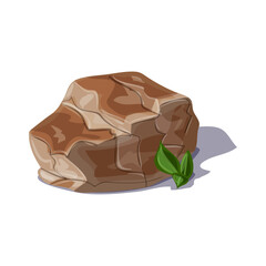 Illustration of a realistic brown rock with a few small green leaves on a white background