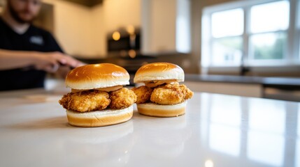 Two Crispy Chicken Sandwiches with Sauce on a White Countertop in a Kitchen, with a Person in the Background Preparing Food