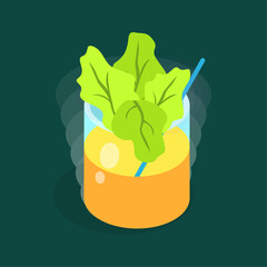 Refreshing orange juice with green leaves in a clear glass, healthy drink for a lifestyle