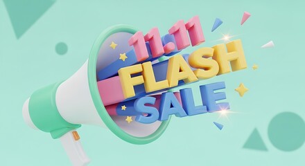 A megaphone with flash sale text and the number eleven eleven on a light green background design art