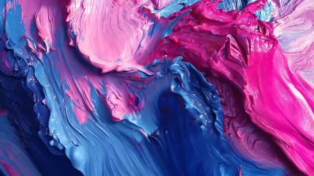 Abstract painting with vibrant blue and pink swirls, showcasing fluid texture and color blending