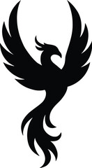 Obraz premium phoenix rising with wings spread wide and tail flames stylized, side profile, solid black silhouette