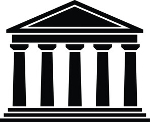 ancient Greek temple with columns and triangular pediment, front view, solid black silhouette