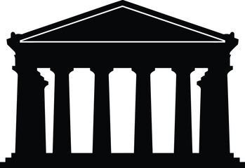 ancient Greek temple with columns and triangular pediment, front view, solid black silhouette