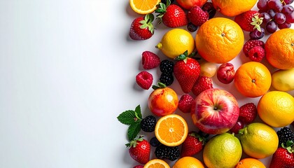 Top View of Fresh Colorful Fruits on White Background – Apples, Citrus, Strawberries, and Berries Assortment