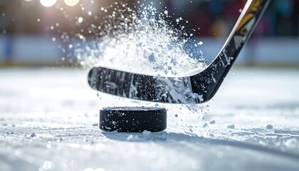 Ice hockey puck stick action, icy surface, sport equipment, dynamic movement, winter competition, frozen rink, closeup, snow, fast game, professional, outdoor, speed, energy.