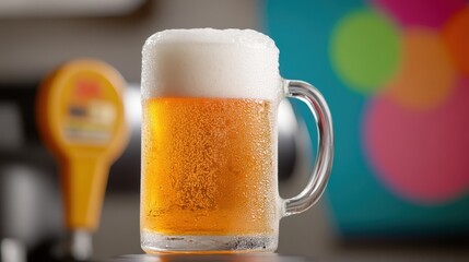 Refreshing Beer in a Glass Mug: Close-Up of a Cold and Foamy Lager with Condensation on the Glass, Perfect for a Hot Day