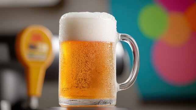 Refreshing Beer in a Glass Mug: Close-Up of a Cold and Foamy Lager with Condensation on the Glass, Perfect for a Hot Day - Powered by Adobe