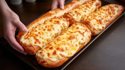 Hands Presenting a Tray of Cheesy Garlic Bread Baguettes, Warm and Delicious Appetizer, Perfect for Sharing