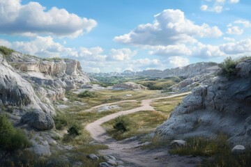 Obraz premium Scenic landscape featuring rocky terrain and a winding path under a blue sky