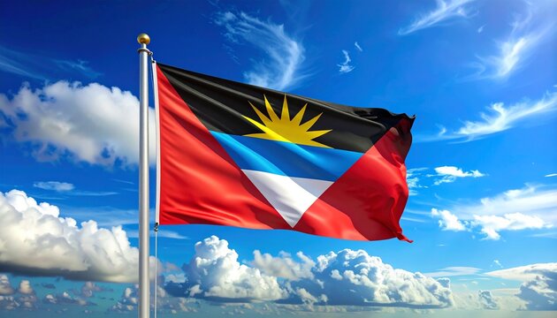 Vibrant flag of Antigua and Barbuda waving proudly against a beautiful sky, symbolizing freedom, national pride, and a bright future for the Caribbean nation - Powered by Adobe