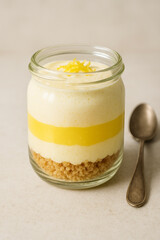 Lemon Cheesecake in Glass Jar with Crumb Base and Lemon Curd Layer