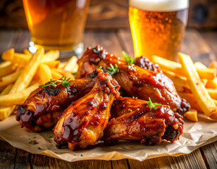 Barbecue Chicken Wings with French Fries and Beer Glasses on Wooden Surface