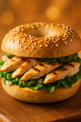 Grilled Chicken Bagel Sandwich with Pesto and Lettuce