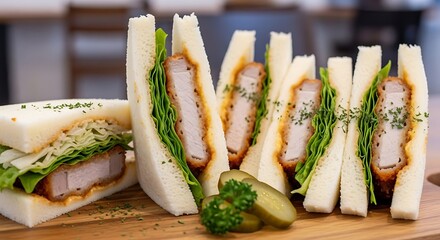 Delicious Katsu Sandwiches with Fresh Greens on a Wooden Board.