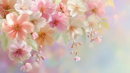 春の淡色の花房が空色の壁面に軽やかに浮かぶ穏やかな朝の描写