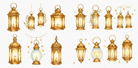 Set of elegant golden lanterns with burning candles, featuring diverse designs and decorative elements for festive occasions and cultural celebrations.