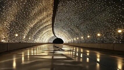 Illuminated tunnel with shimmering lights reflecting on the wet ground, creating a magical atmosphere - Powered by Adobe