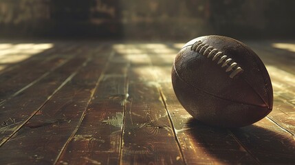 A photo of a football on a wooden gym floor.