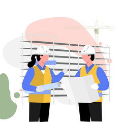 Construction engineers wearing safety helmets and vests discussing a building blueprint at a construction site. Modern flat vector illustration with crane and structure background, teamwork concept.
