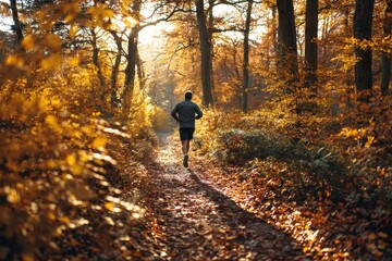 Fototapeta premium Person jogging along forest trail covered in autumn leaves with morning sunlight filtering through golden trees. Peaceful environment perfect for outdoor fitness and seasonal lifestyle wellness.