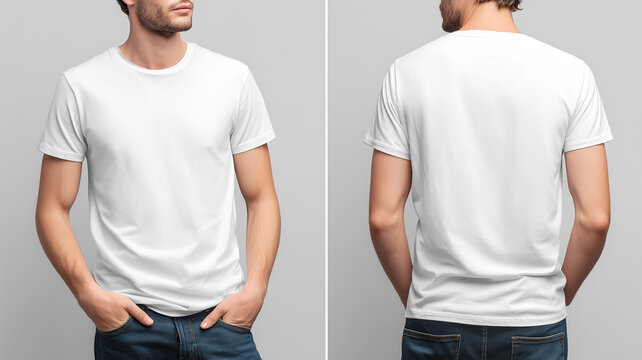 男性が白い無地Tシャツの前後を並列で着用するスタジオ見本