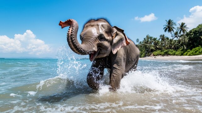 Elephant enjoys splashing in the ocean at a tropical beach on a sunny day