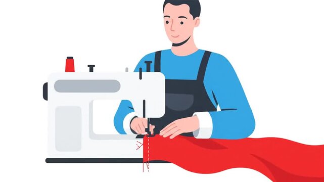 Tailor Sewing Red Fabric with Sewing Machine, Vector Illustration