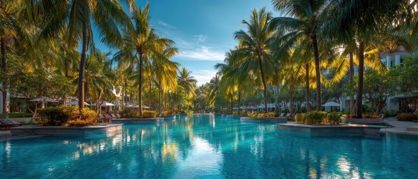 Tropical resort swimming pool with azure blue water surrounded by palm trees and clear sky with blank copy space perfect for luxury vacation hospitality marketing and promotional materials.