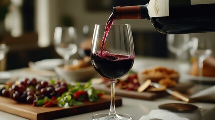 Pouring Red Wine into Glass: Elegant Dining Scene with Grapes, Cheese, and Salad, Celebrating Fine Wine and Food