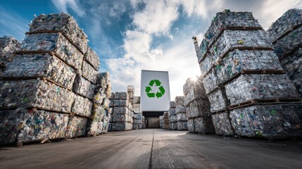 Obraz premium Recycling plant facility exterior with sustainability signage and organized stacks of processed plastic materials representing eco industry circular economy and environmental waste management solution