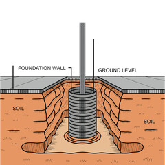 Foundation Wall Construction Cross Section with Reinforced Concrete Pile and Soil Layers Illustration, foundation construction, excavation, pile , soil test