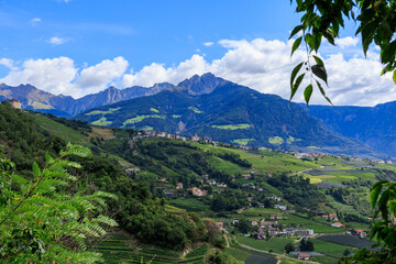 Panorama with castle Schloss Brunnenburg, vineyards, village Tirol (Dorf Tirol) and mountain summit Ifinger in South Tyrol, Italy