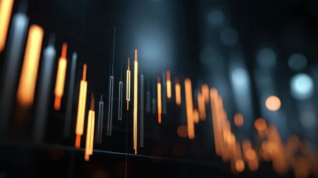 Financial chart glowing orange candlestick bars reveal market trend data analysis on dark background with dynamic futuristic patterns and energy in modern digital environment