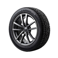 Obraz premium Black sidewall car tire with alloy wheel, angled view