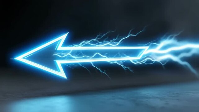 Electric blue arrow with glowing lightning energy and dynamic light sparks pointing left on dark background, futuristic vibrant neon symbol with powerful electric energy flow and glowing light effects